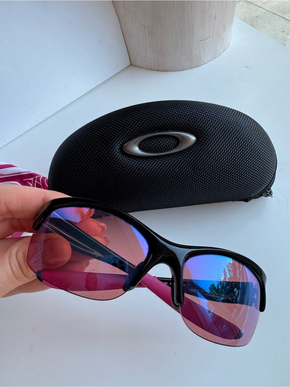 Oakley Black Frame Sunglasses with Pink and Blue Mirrored Lenses - Picture 11 of 12